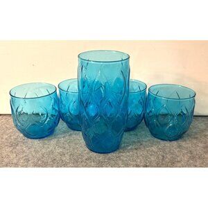 Vintage Anchor Hocking 1970's Aqua Madrid Pattern Drinking Glasses  #3330